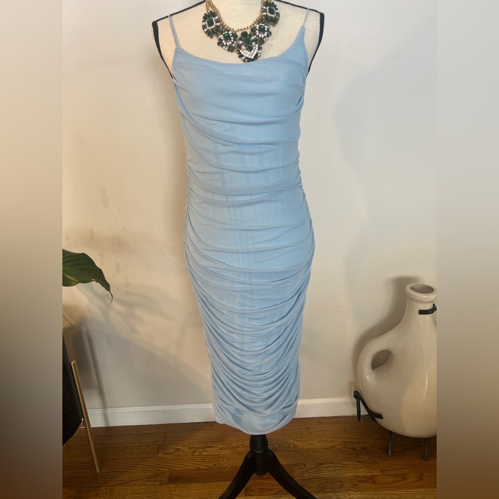 Fashion Nova Light Blue Gathered Midi Dress
